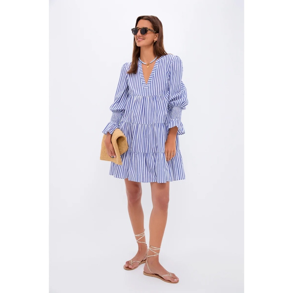Pomander Place Women Cotton Poplin Kenzo Blue White Striped Tiered Mini Dress XL